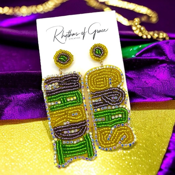 Jazz Up Your Look with Dazzling NWT Beaded Mardi Gras Earrings! 🎉💚💜💛 - Picture 1 of 9